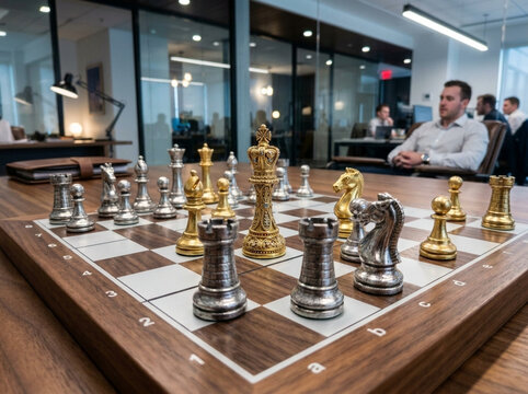 Chessboard with golden and silver pieces, man in office background