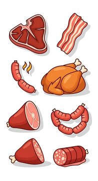 Set of cartoon meat and sausage icons for food design