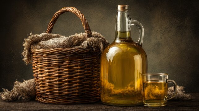 Glass carboy in wicker basket, traditional home beverage vessel.

