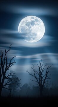 Full Moon Night Sky with Bare Trees and Eerie Fog.