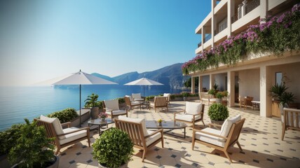 Fototapeta premium Luxurious Hotel Terrace with Wooden Furniture and Flowers Overlooking Calm Blue Lake and Mountains