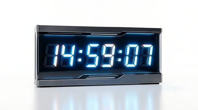 Futuristic Digital Clock Displaying Time: A modern, sleek digital clock with glowing blue digits displays the time 14:59:07, set against a clean, minimalist background.