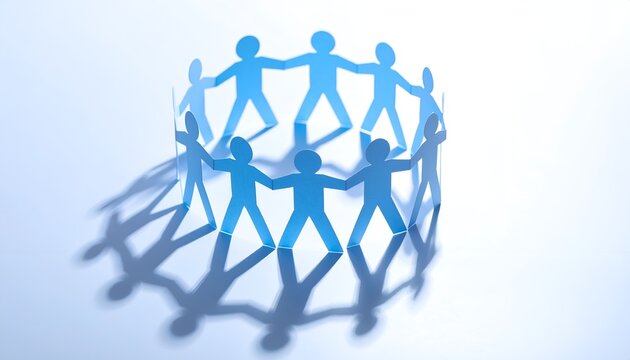 Paper chain circle with connected human figures, expressing unity, equality, collaboration and strong relationships in a soft blue illuminated scene.
