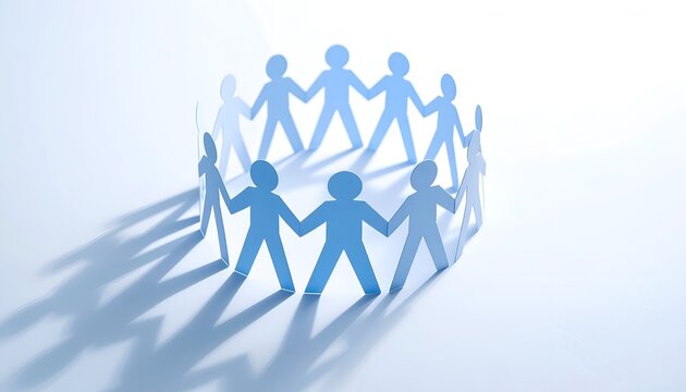 Paper cutout people forming a circle, symbolizing community support, teamwork, unity and collaboration with soft blue lighting and long shadows on a clean minimal background.
