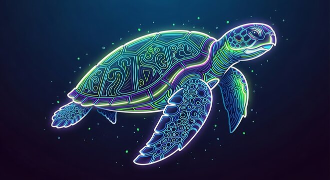 Glowing neon sea turtle illustration on dark background