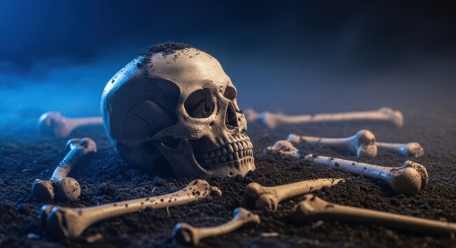 Human Skull and Bones on Dark Ground with Eerie Blue Light.