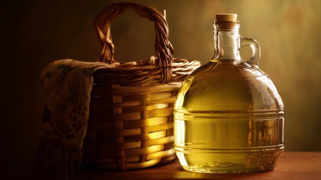 Glass carboy in wicker basket, traditional home beverage vessel.
