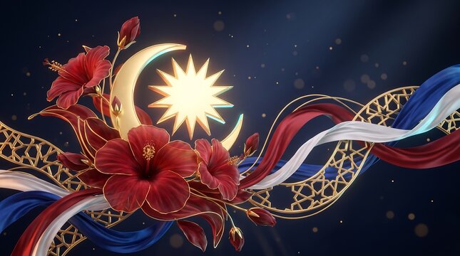 Malaysian Independence Day 3D Render with Hibiscus Crescent and Star