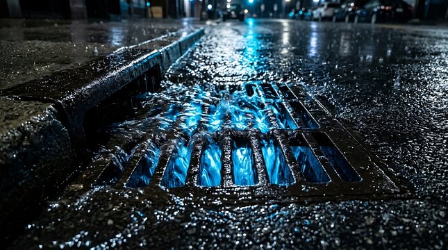 Rainwater flowing into a glowing blue storm drain on a night street