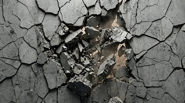 Concrete wall exploding outwards showing abstract debris and light
