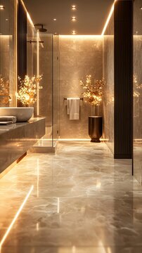 Stylish modern bathroom retreat with wood textures wallpaper