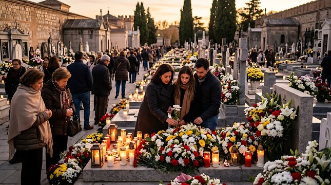 Mourners honoring the deceased with flowers at a cemetery at dusk