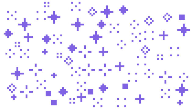 Abstract pattern of purple pixelated stars and geometric shapes on white background