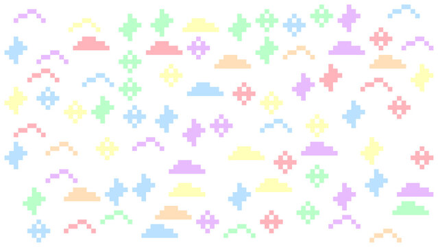 Seamless pattern of colorful pixel art clouds and stars