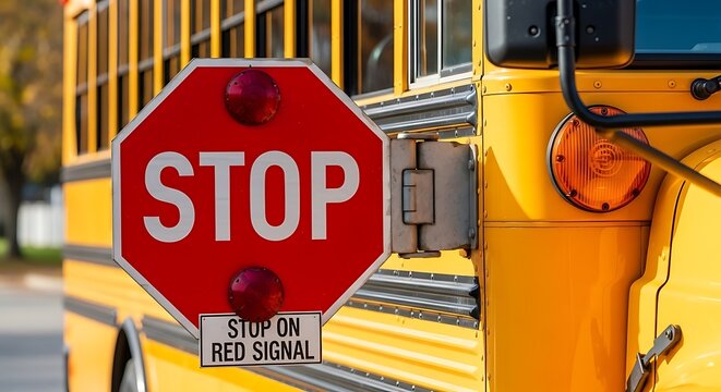 Yellow school bus with extended red stop sign on a road