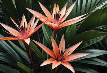 Obraz premium Three orange tropical flowers with dark green foliage, exotic nature and botanical garden