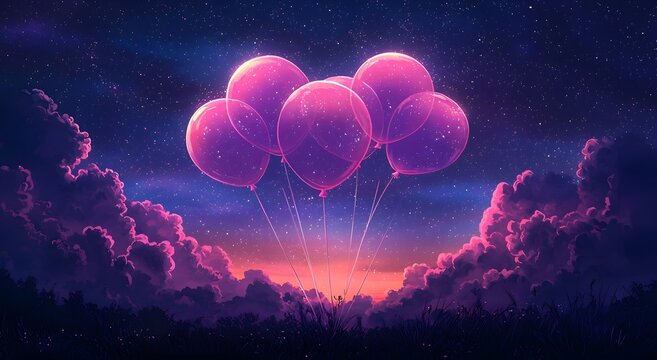 Surreal space balloons with glowing purple sky fantasy wallpaper
