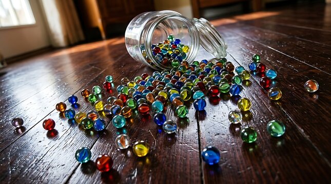 Colorful glass marbles spilling from a jar on a wooden floor