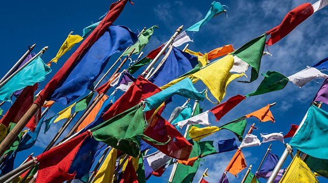 Colorful fabric prayer flags waving on poles against a blue sky