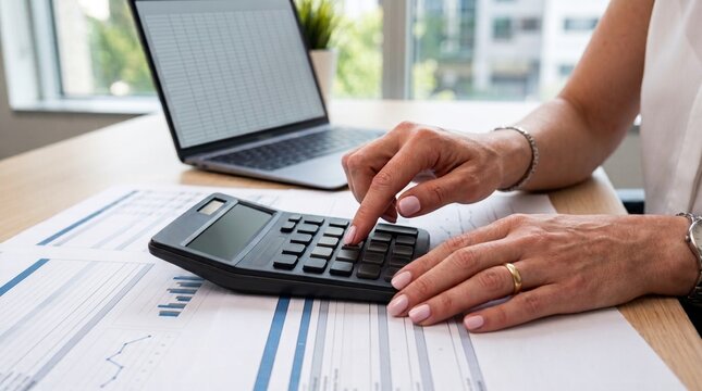 Businesswoman using calculator for financial analysis. Female professional calculating expenses with a calculator in an office setting.
