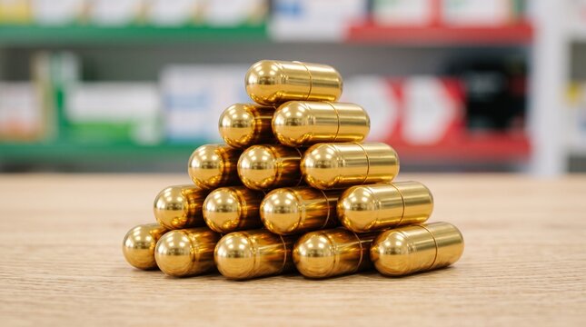 Gold capsules on wooden surface. Premium dietary supplement display.