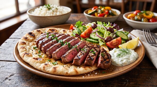 Juicy grilled beef steak on flatbread. Delicious meat dish served with fresh vegetables and herbs.