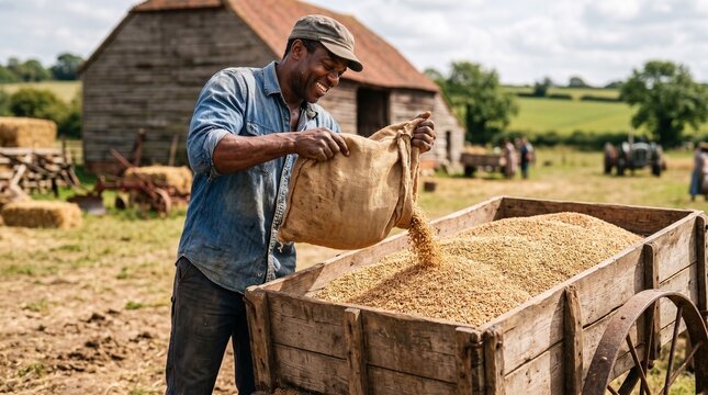 African farmer pouring wheat grains into wooden cart. Male agricultural worker handling harvest crop in rural field.