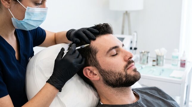 Male client receiving scalp treatment at a modern clinic. Professional hair care session for healthy hair growth.