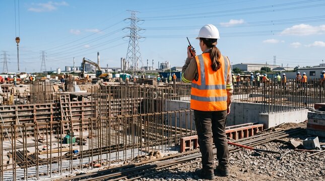 Female construction supervisor inspecting site. Female engineer overseeing building progress, safety, and team coordination.