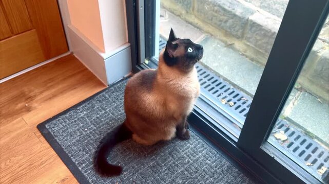 siamese cat sitting on grey mat in front of glass door looking outside at garden