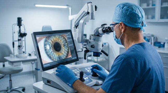 Ophthalmologist examining eye with advanced equipment. Medical professional conducting eye health assessment.