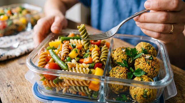 Healthy meal with pasta and vegetables. Woman enjoying nutritious food for wellness and diet.