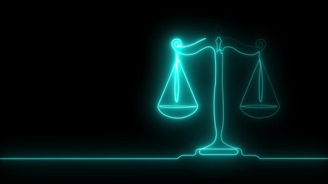 Glowing neon justice scales icon animation on black background. Court law balance symbol design