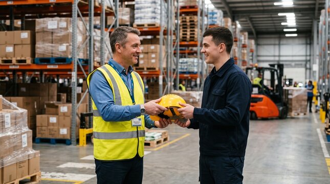 Warehouse supervisor handing safety helmet to employee. Industrial safety and teamwork in logistics environment.