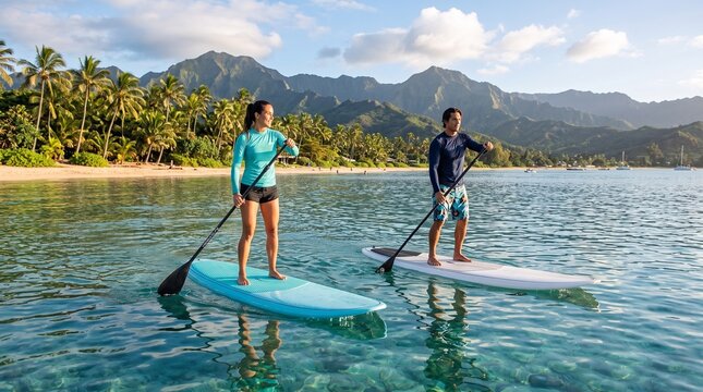 Adults paddleboarding on ocean, active water sport scene. Young professionals enjoying outdoor adventure, leisure activity on calm sea.