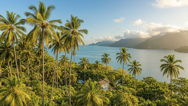 Beautiful Tropical Palm Trees Overlooking the Ocean Coast