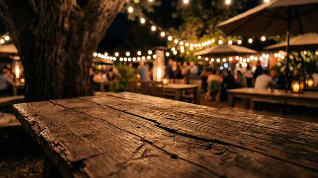 Rustic wooden table in foreground with bokeh background of outdoor restaurant dining at night with string lights, ideal for hospitality marketing, event promotion and dining experiences