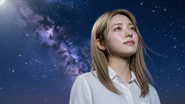Young Woman Looking at the Starry Sky with the Milky Way