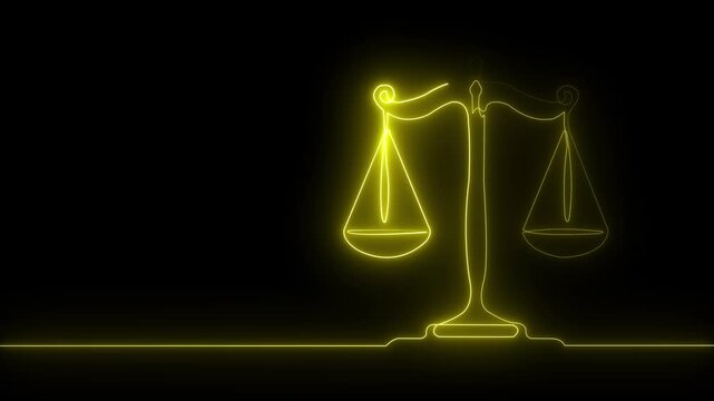 Glowing neon justice scales icon animation on black background. Court law balance symbol design