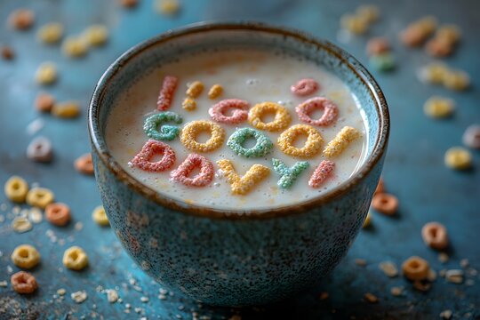Tasty morning cereal with milk and colorful alphabet pieces banner