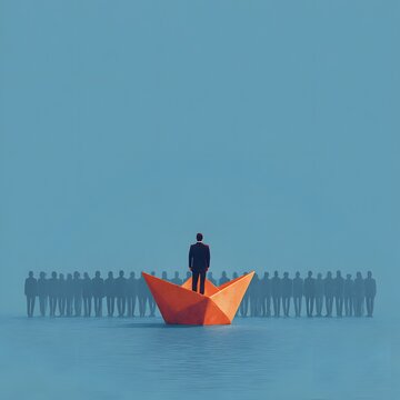 Team guidance concept showing leader paper boat ahead of formation picture