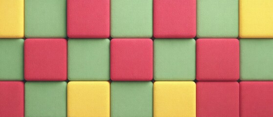 Obraz premium Geometric grid of soft fabric squares in red green yellow colors for surface pattern design textile background texture