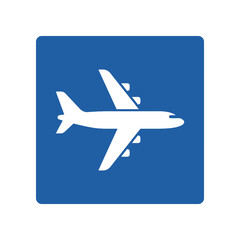 Fototapeta premium Blue airport sign icon featuring a white airplane symbol for aviation travel and transportation guidance.