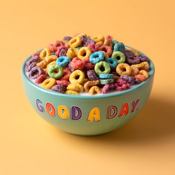 Sweet breakfast bowl with colorful cereal and milk splash picture