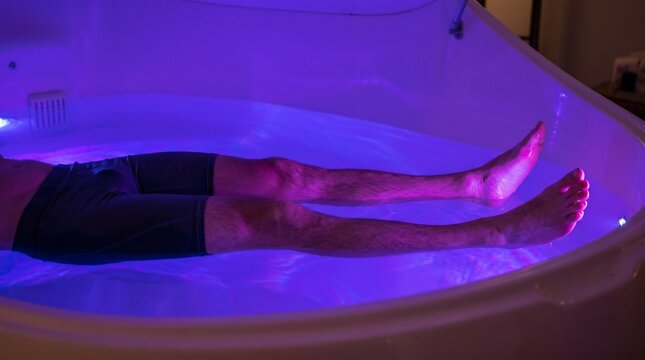 Man floating in sensory deprivation tank with purple light