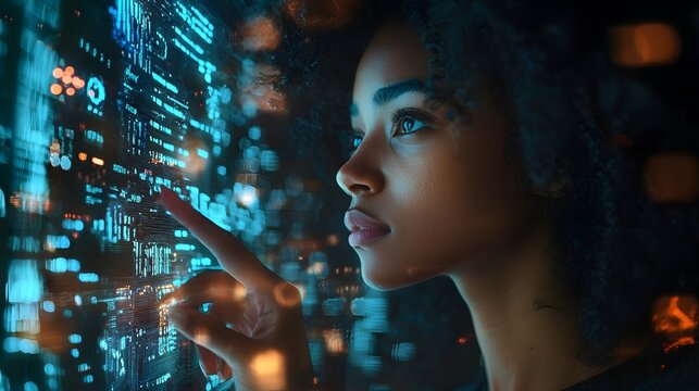 Technology portrait of woman with smart display and code photo