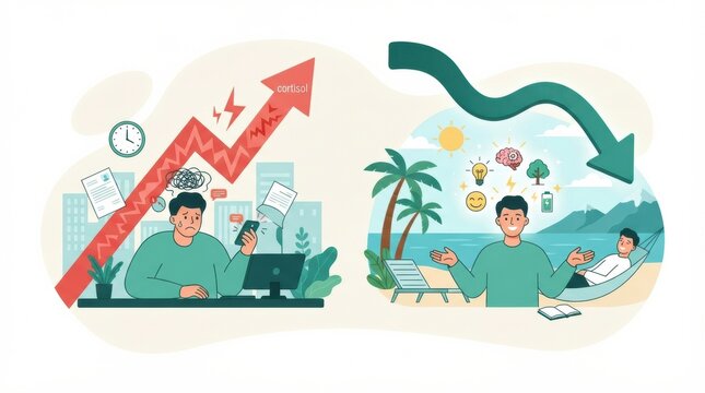 One side shows a person stressed at work with papers and a phone, while the other side shows a relaxed person enjoying nature by the beach.