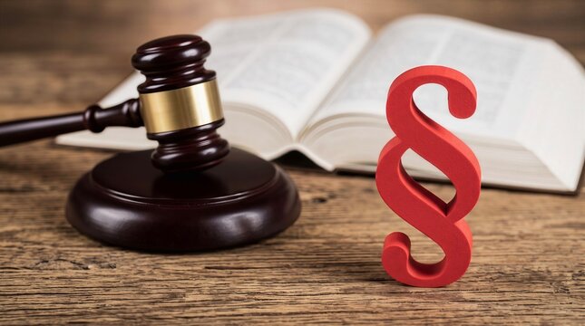 Wooden Gavel with Open Law Book and Red Paragraph Symbol on Office Desk