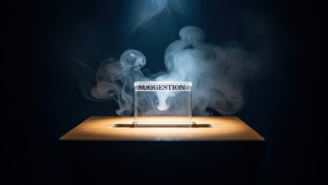 Illuminated box with "SUGGESTION" label surrounded by billowing smoke against a dark backdrop