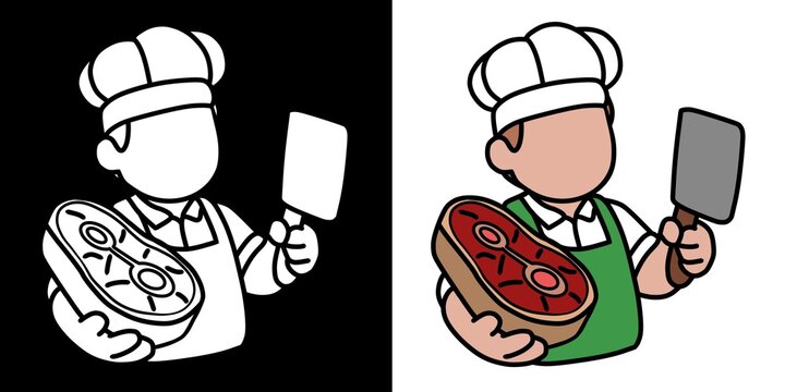 Outline and colored drawing of a butcher.